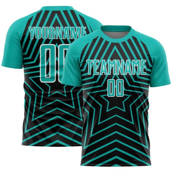 Custom Black Aqua-White Stars Sublimation Soccer Uniform Jersey - Image 1