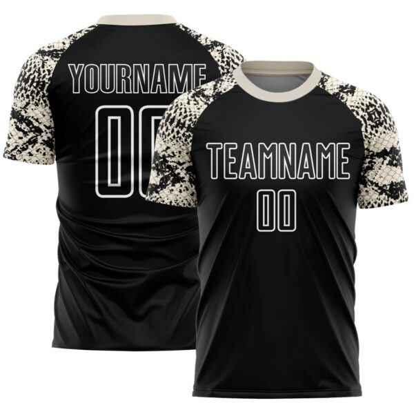 Custom Black Cream-White Snake Skin Sublimation Soccer Uniform Jersey - Image 1