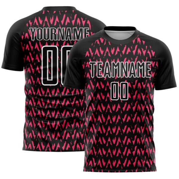 Custom Black Hot Pink-White Abstract Geometric Pattern Sublimation Soccer Uniform Jersey - Image 1