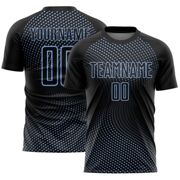 Custom Black Light Blue Geometric Lines Sublimation Soccer Uniform Jersey - Image 1