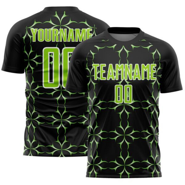 Custom Black Neon Green-White Damask Pattern Sublimation Soccer Uniform Jersey - Image 1