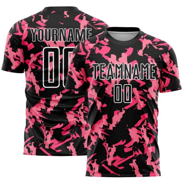 Custom Black Pink-White Abstract Geometric Pattern Sublimation Soccer Uniform Jersey - Image 1
