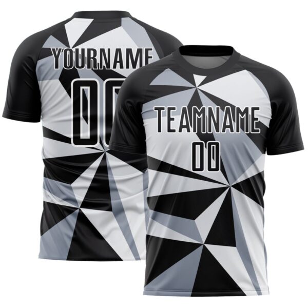 Custom Black White Geometric Pattern Sublimation Soccer Uniform Jersey - Image 1