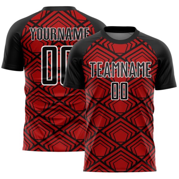 Custom Red Black-White Geometric Pattern Sublimation Soccer Uniform Jersey - Image 1