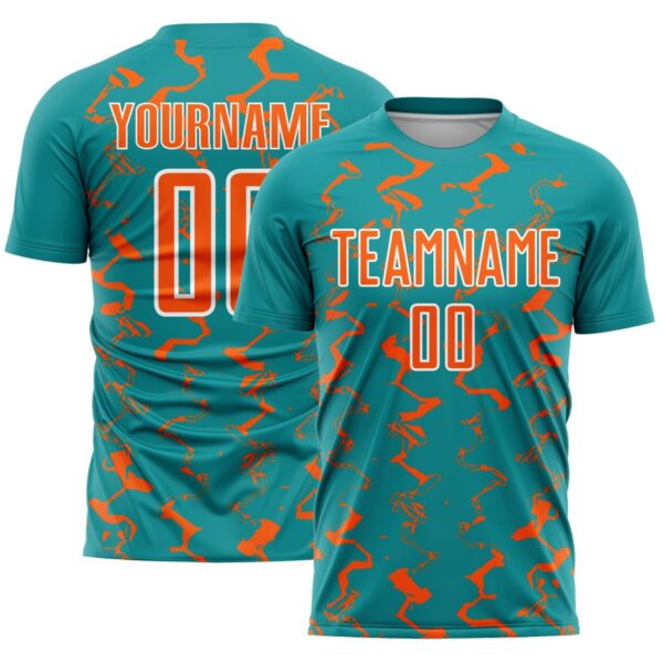 Custom Teal Orange-White Abstract Lines Sublimation Soccer Uniform Jersey - Image 1